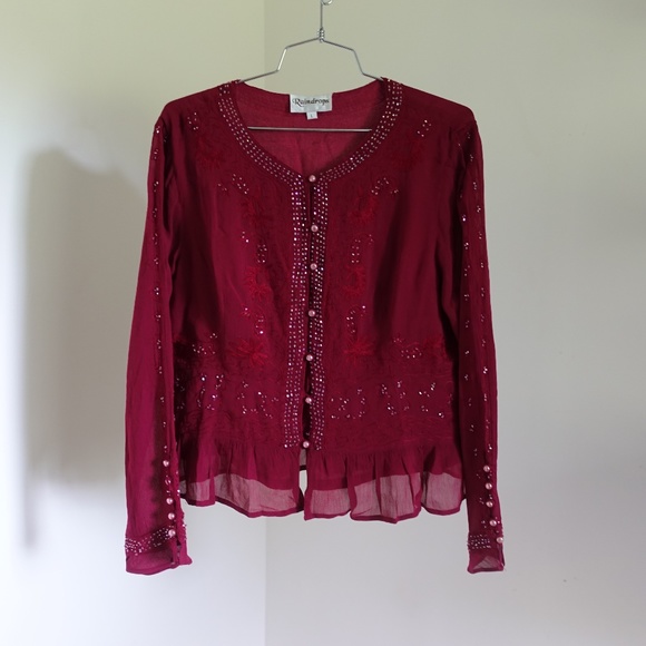 Burgundy Red Beaded Embroidered Sheer Vintage Blouse Size L - Picture 2 of 5